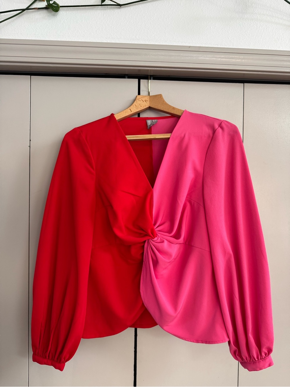 ASOS Two-Tone Red & Pink Twist-Front Blouse